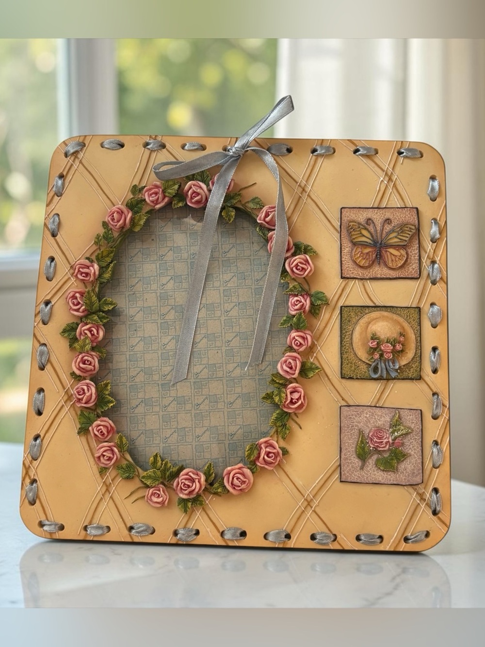 Vintage Unused 4x6 Picture Frame Pink Roses Butterfly Ribbon Cottagecore Decor